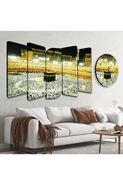 Zevahir Mobilya Dekorasyon Altılı Kelebek Mdf Sarı Ve Beyaz Işıklandırmalı Kabe Dini Saatli Tablo Seti