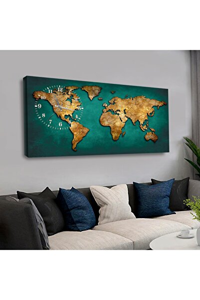 Zevahir Mobilya Dekorasyon Kanvas Yeşil Arka Planlı Dünya Haritası Saatli Tablo