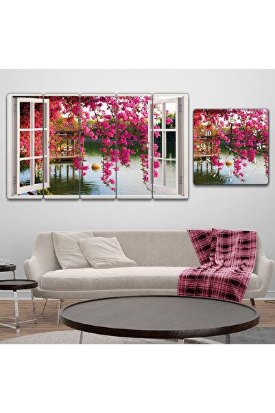 Zevahir Mobilya Dekorasyon Altılı Düz Mdf Pencere Pembe Çiçekli Ağaçlar Ve Göl Manzaralı Saatli Tablo Seti