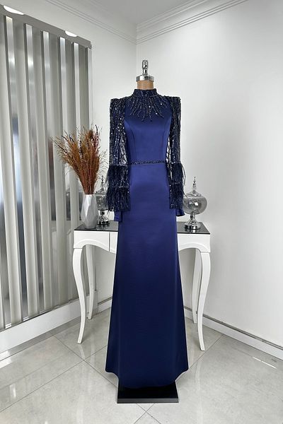 Rana Zenn Navy Blue Sleeves Sequin Detail Satin Mademoiselle Evening Dress