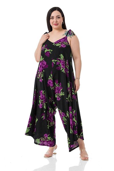 DISENTIS MODEST Plus Size Adjustable Rope Strap Woven Viscose Lilac Floral Women's Jumpsuit