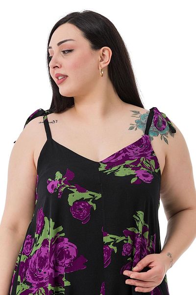 DISENTIS MODEST Plus Size Adjustable Rope Strap Woven Viscose Lilac Floral Women's Jumpsuit