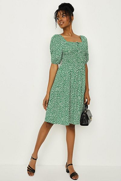 Select Moda Γυναικείο Πράσινο Floral Φόρεμα με τετράγωνο γιακά Gipeli