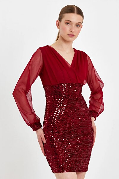 SELİN MODA EVİ Trend Mini Pullu Kadife Kalem Elbise