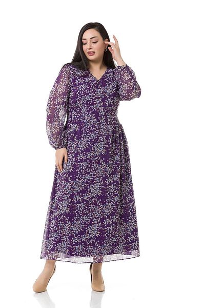 DISENTIS MODEST Plus Size V-Neck Waist And Sleeve Elastic Chiffon Long Lined Damson Dress