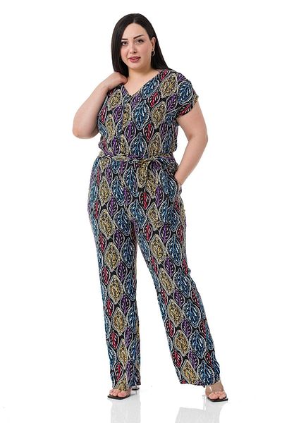 DISENTIS MODEST Plus Size V-Neck Buttoned Front Low Sleeve Black Women's Jumpsuit with Elastic Waistband and Belted Pockets