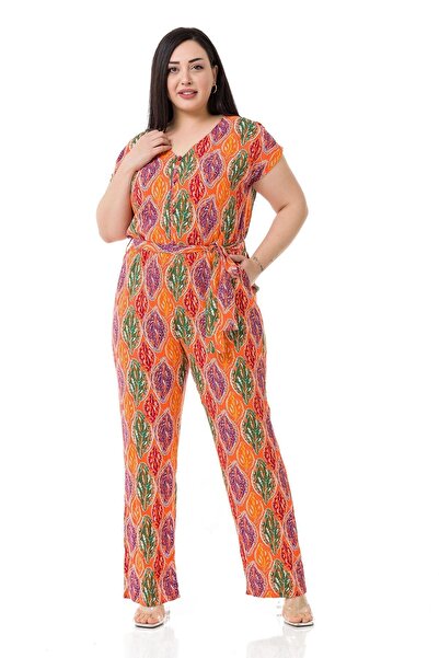 DISENTIS MODEST Plus Size V-Neck Buttoned Front Low Sleeve Elastic Waist Belted Pocket Orange Women's Jumpsuit