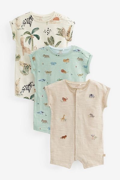 Next Baby 100% Cotton Sage Green Safari Romper Set of 3