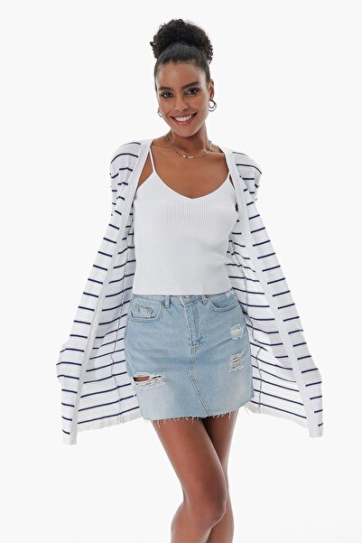 CHUBA Women's Striped Pocket Detailed Open Form Cotton Thin Knitwear Cardigan White 23s1010