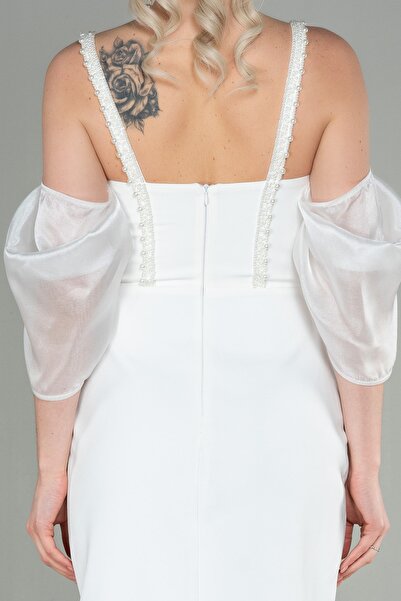 Abiyefon Ekru Askılı Kol Aksesuarlı Yırtmaçlı Uzun Abiye Abu2911