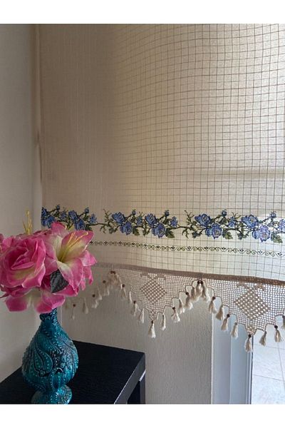 Mrmemo Basement Curtain Cotton Handcrafted Ruched Woven Cross Stitch Motif Blue
