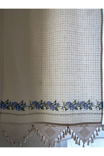 Mrmemo Basement Curtain Cotton Handcrafted Ruched Woven Cross Stitch Motif Blue