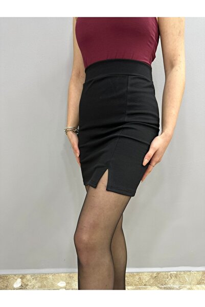 Tam Moda Fusta mini neagră cu fante de damă