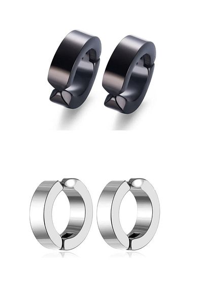 CHN WOOD 2 Pairs of Compressed Pinch Compression Unisex Non-Hole Steel Hoop Earrings for the Price of 1 Pair