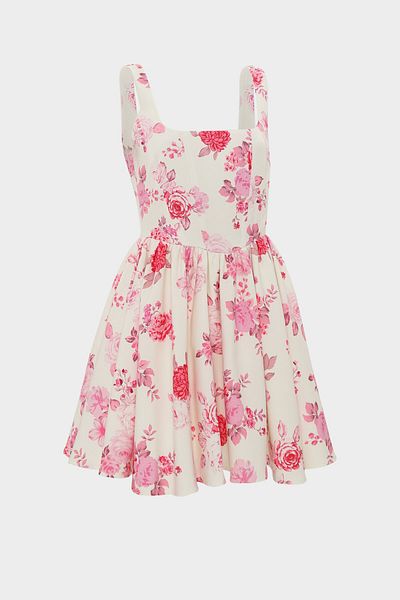 Açelya Okcu Gathered Crepe Mini Dress with Corsage Detail