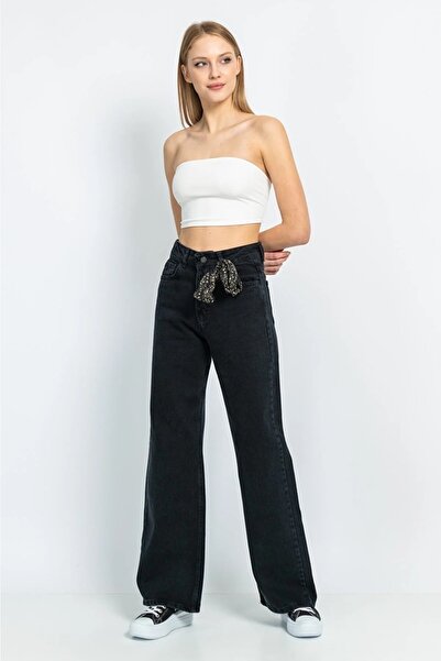 SANTA BELLA Μαύρο Palazzo Jean Γυναικείο φαρδύ τζιν παντελόνι που δεν ξεθωριάζει