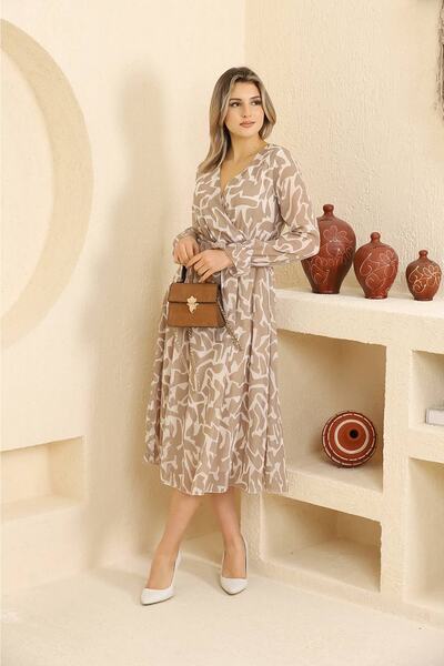 Neşeli Butik Rochie de damă din șifon cu model bej Rssn32