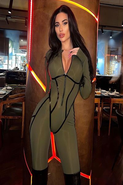 Fashiontayt LonG Sleeve DivinG Fabric Jumpsuit with Leather Detail and Zipper - Daily and NiGht Use