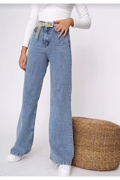 MAKRAS EXCLUSIVE Buggy anii 90 Snow Wash Blue Lycra cu talie înaltă Blugi largi Pantaloni Palazzo