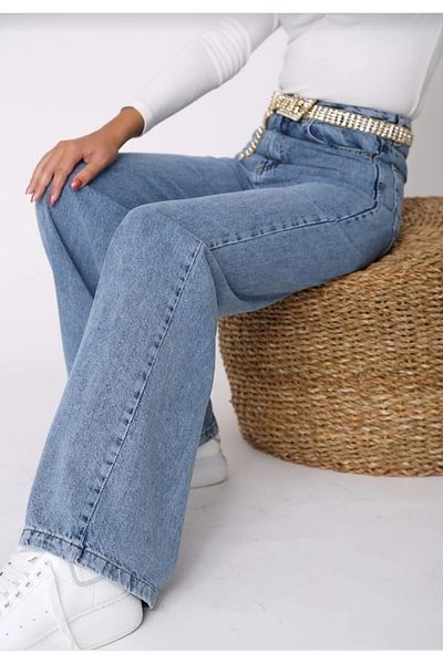 MAKRAS EXCLUSIVE Buggy anii 90 Snow Wash Blue Lycra cu talie înaltă Blugi largi Pantaloni Palazzo