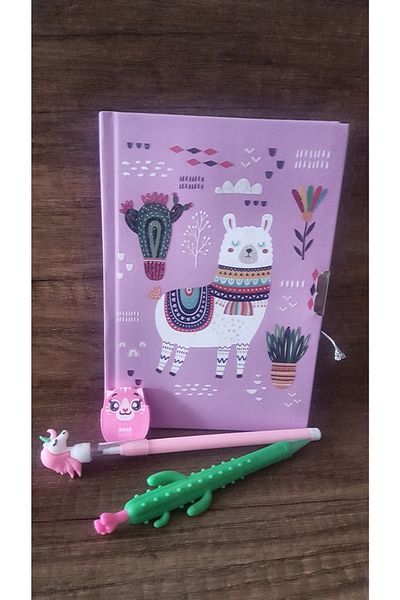 ÇİLEKHOMEAVM Lama Locked Souvenir and Diary Notebook Unicorn Versatil Pen-Watermelon Pen-Eraser