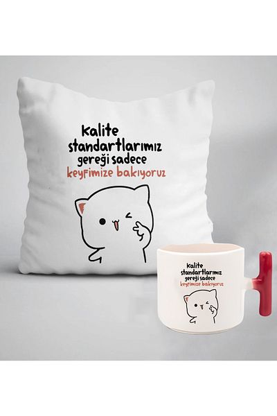 GünayStore In accordance with our Quality Standards..written Mochi Cat Printed Gift Pillow + latte&espresso Cup Set