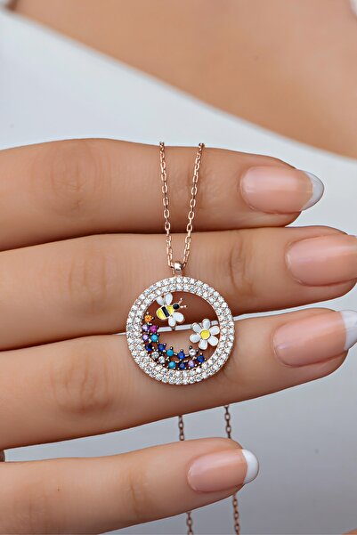 Nereze 925 Ayar Gümüş Rose Daire Tasarım Arı Ve Papatya Detay Kolye