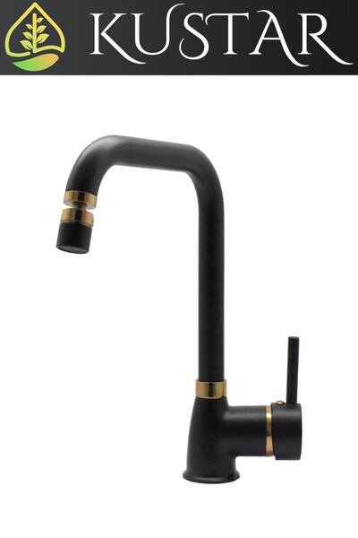 KUSTAR Varna Gold Siyah Oynar Başlıklı Köşeli Aç Kapa Mix Mutfak Eviye Bataryası