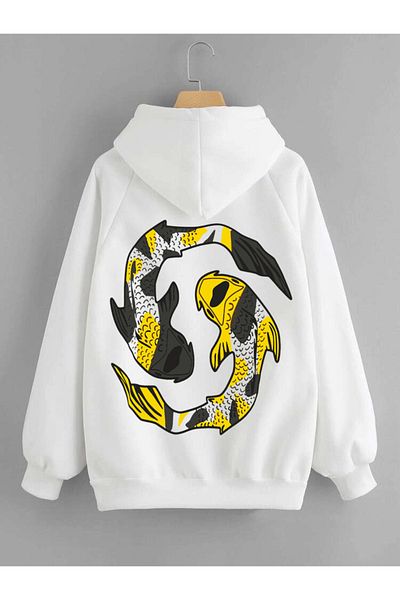DEEPSENCE Men's Hooded Sweatshirt Fish Back Print White