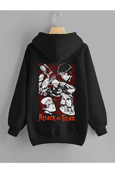 DEEPSENCE Black Hooded Sweatshirt Attack On Titan Back Printed Oversize