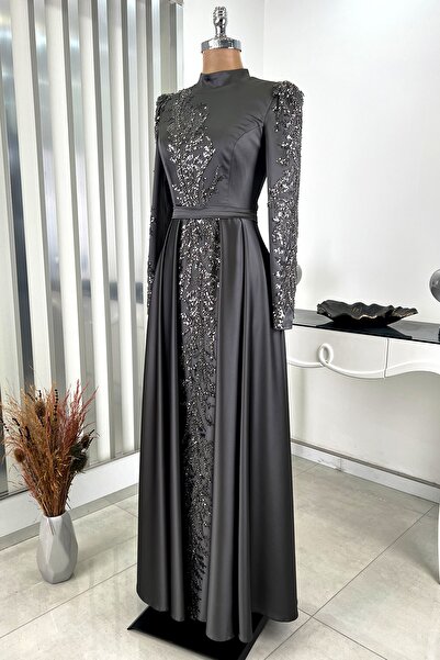 Mihrunisa Pleated Skirt Front Jewelled Sequin Detail Dream Evening Dress - Gray