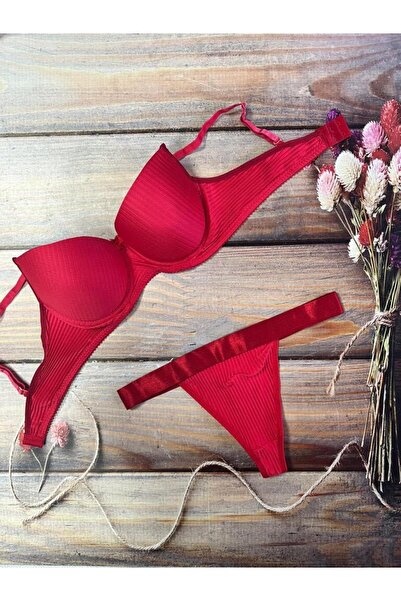 EBRULİ BUTİK06 Women's Padded Lace Red Bra Set