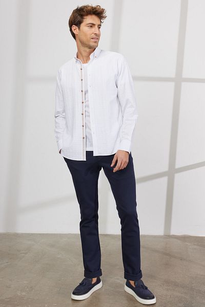 ALTINYILDIZ CLASSICS Men's White Comfort Fit Relaxed Cut Button Collar Dobby 100% Cotton Flared Shirt