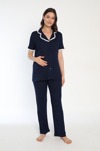 Miss Dünya Lissa Cotton Corded Front Buttoned Maternity and Pregnant Pajamas Set