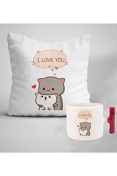 GünayStore I Love You Written Mochi Cat Printed Gift Pillow + Latte & Esresso...