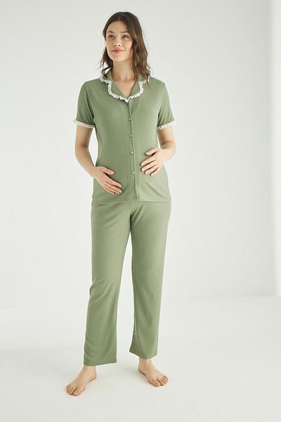 Miss Dünya Lissa Cotton Corded Front Buttoned Maternity and Pregnant Pajamas Set
