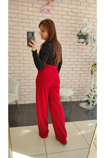 DERİNBOUTIQUE Kadın Yüksek Bel Gold Kemer Korse Etkili Toparlayıcı Likralı Palazzo Kumaş Pantolon