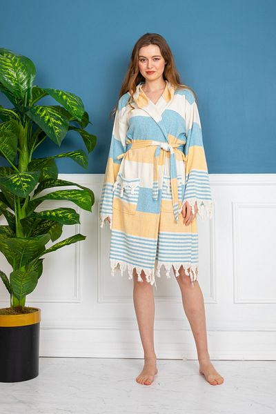 MetisTex Metis Cotton Loincloth Bathrobe - Dawn Yellow/blue -sunset Red/grey
