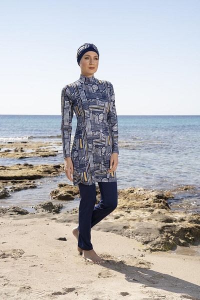 Estiva Women's Digital Patterned Hijab Swimsuit with Fully Covered Trousers
