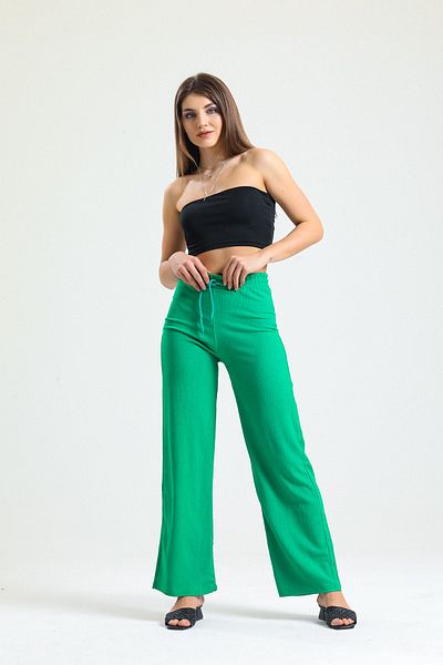 Babelook Women's Green Summer Seersucker Wrap Fabric Wide Leg Trousers