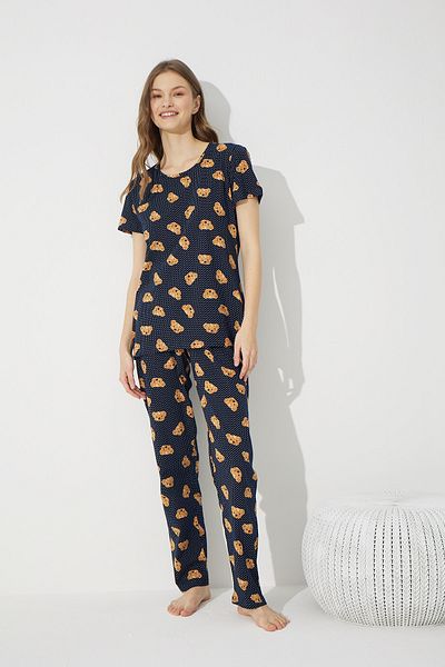 Siyah İnci Navy Blue Teddy Bear Patterned Cotton Lycra Pajama Set