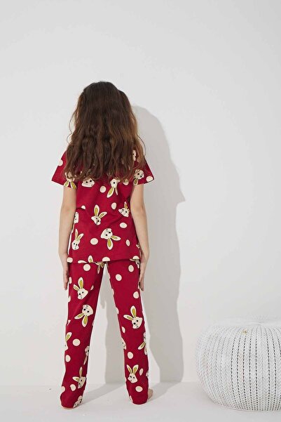 Siyah İnci Σετ πιτζάμες με πλεκτό βαμβακερό σχέδιο με μπορντό κουνέλι