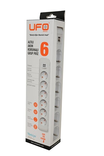UFO Akım Korumalı Grup Priz 2 mt Beyaz 6’lı Ve 2’li Usb Şarj Aleti 2500 Watt