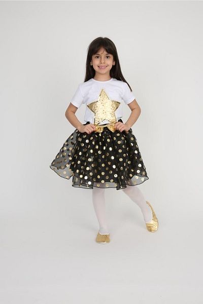 Dıgıl Kids Girl's Gold Star Patterned T-shirt Polka Dot Patterned Skirt Set 23 April 29 October Performance Clothing