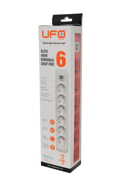 UFO Akım Korumalı Grup Priz 2 mt Fuşya 6’lı Ve 2’li Usb Şarj Aleti 2500 Watt