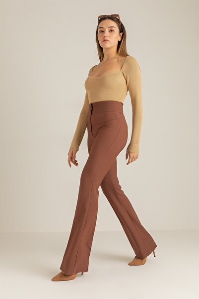 Neşeli Butik Дамски панталони с висока талия и испански крачоли Qns046 - кафяви