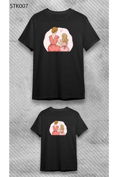 VİZYON İKRA تي شيرت قطني أسود للأم والابنة مطبوع باللون الوردي (السعر الكمي)