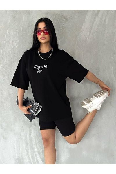 Black Sokak Tricou din bumbac pieptănat, unisex, negru, imprimat Vivre La Vie