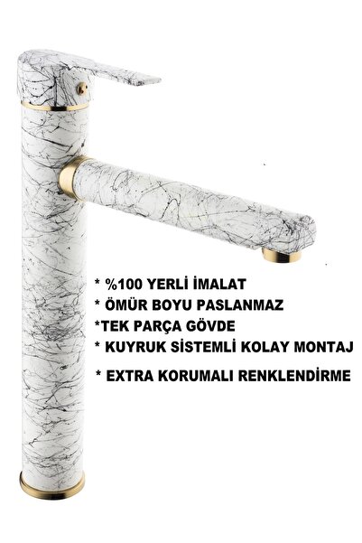 Çanak Beyaz Mermer Altın Parçalı Lavabo Bataryası