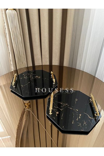 Housess مجموعة من 2 صينية حناء للخطوبة من الرخام الأسود، صينية مثمنة مزخرفة من الزجاج المنقوش بالرخام الأسود